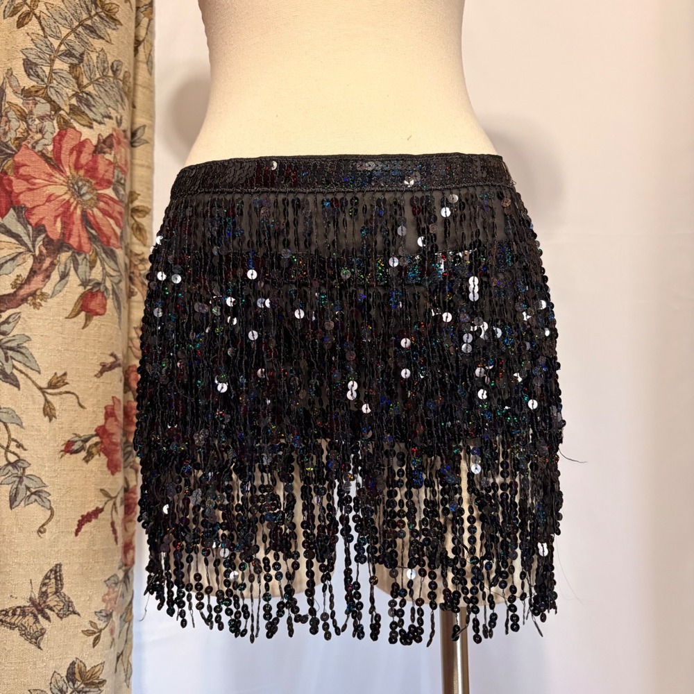 Stunning Y2k Black Sequin Fringe Wrap Skirt or Top with rainbow reflections